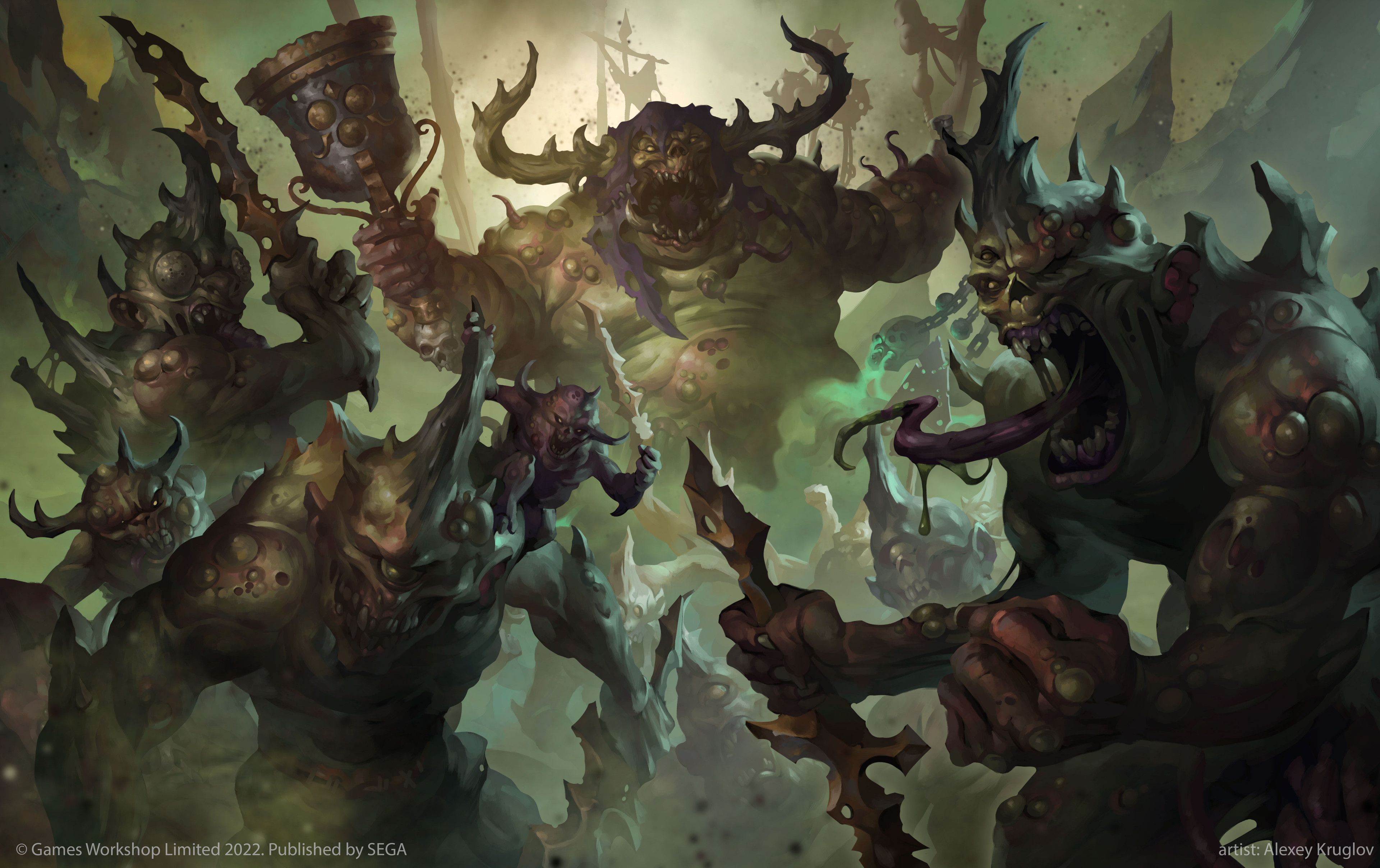 alexeykruglov, great unclean one, total war, total war: warhammer, warhammer fantasy, absurdres, highres, official art, bell, chaos (warhammer), colored tongue, demon, holding, holding bell, holding sword, holding weapon, long tongue, looking at viewer, monster, monster focus, nurgling, open mouth, plaguebearer, purple tongue, sword, tongue, tongue out, very long tongue, weapon