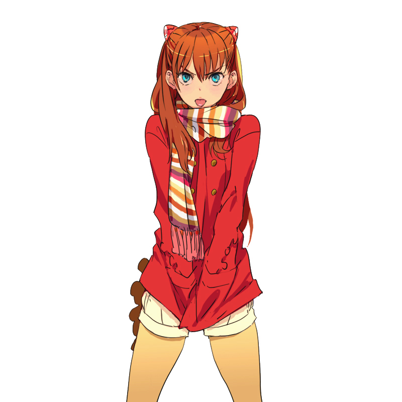 mebae, souryuu asuka langley, neon genesis evangelion, rebuild of evangelion, 00s, 1girl, :p, blue eyes, brown hair, coat, female focus, hair ornament, hairclip, orange hair, scarf, shorts, simple background, solo, striped clothes, striped scarf, tongue, tongue out, white background, winter clothes