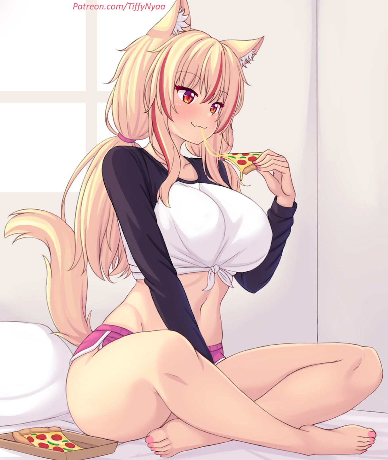 nottytiffy, tiffy (nottytiffy), original, highres, :3, animal ears, bed sheet, black shirt, blonde hair, breasts, cat ears, closed mouth, crop top, dolphin shorts, eating, food, hair between eyes, holding, holding food, holding pizza, indian style, indoors, large breasts, long hair, midriff, multicolored hair, nail polish, navel, on bed, pink nails, pink shorts, pizza, red eyes, red hair, shirt, short shorts, shorts, sidelocks, sitting, thighs, tied shirt, toenail polish, toenails, two-tone hair, two-tone shirt, white shirt