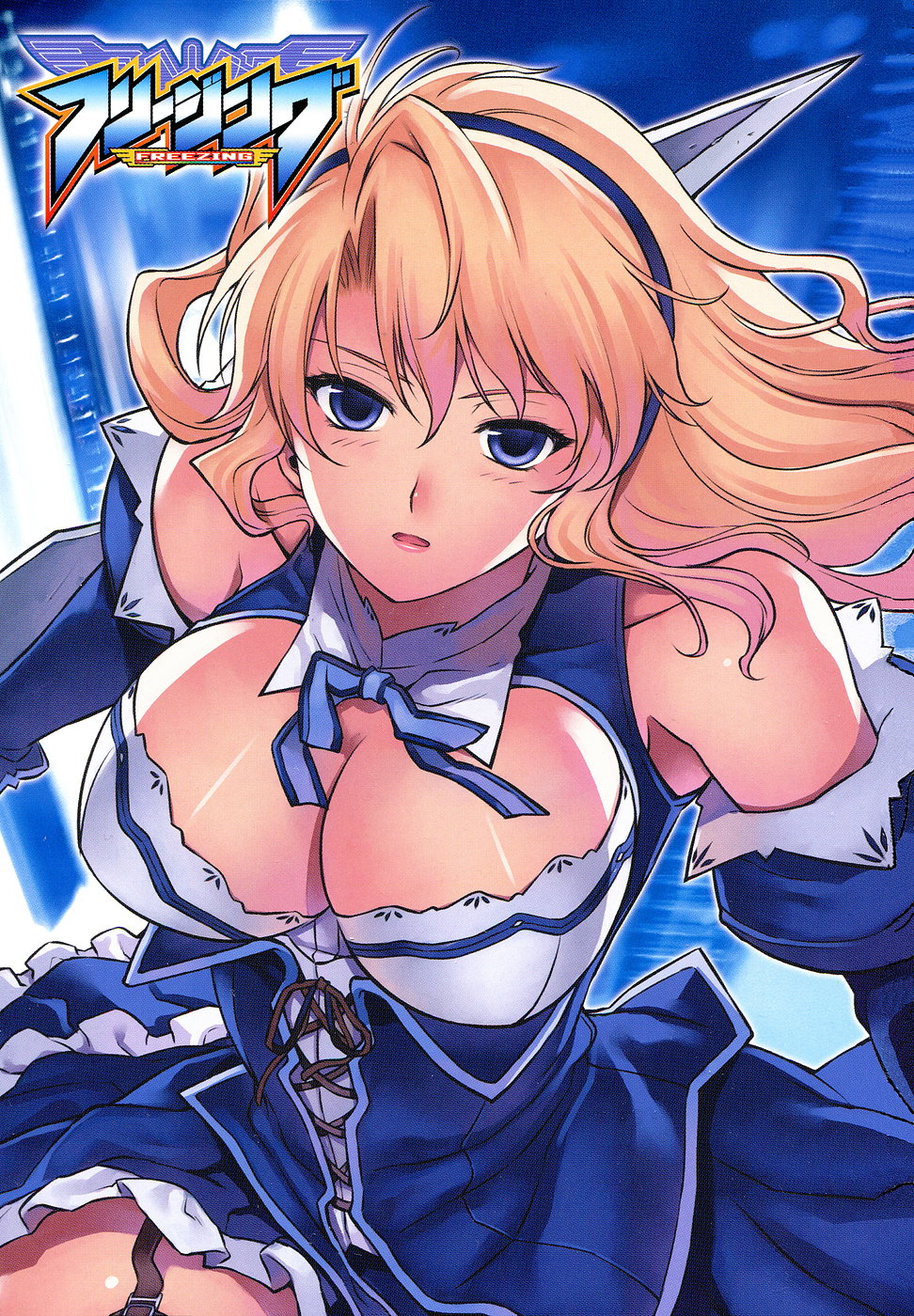 kim kwang hyun, satellizer el bridget, freezing (series), highres, 1girl, blonde hair, blue eyes, breasts, cleavage, corset, detached sleeves, dress, female focus, garter belt, hairband, large breasts, long hair, solo