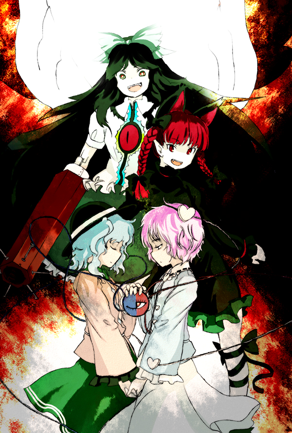 suzuki ritsu, kaenbyou rin, komeiji koishi, komeiji satori, reiuji utsuho, touhou, 4girls, :d, animal ears, arm cannon, black wings, brooch, cat ears, cat girl, closed eyes, female focus, gem, green skirt, heart, jewelry, long sleeves, looking at viewer, multiple girls, open mouth, pink hair, profile, puffy short sleeves, puffy sleeves, short sleeves, skirt, smile, third eye, weapon, wings