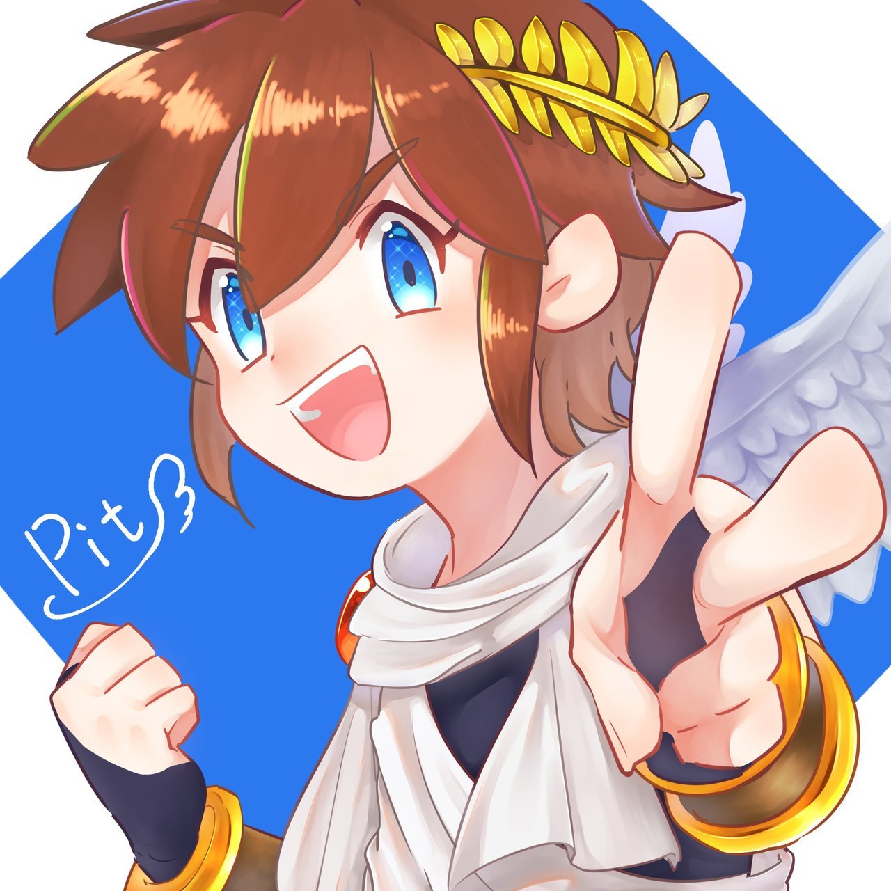 pit (kid icarus), kid icarus, kid icarus uprising, nintendo, highres, 1boy, angel, angel wings, blue eyes, brown hair, character name, clenched hand, laurel crown, looking at viewer, male focus, nurumayu3, open mouth, scarf, solo, upper body, v, white scarf, wings