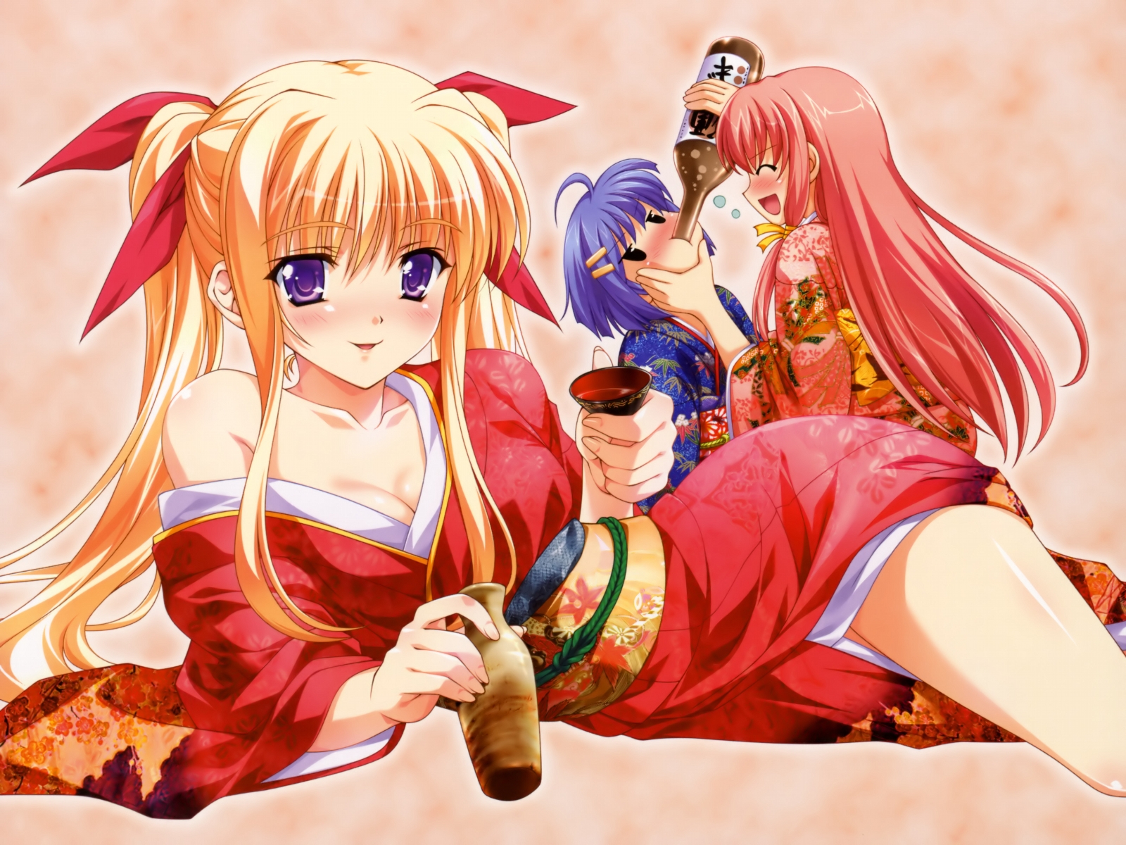 tsukasa yuuki, hayakawa natsuo, yagyuu aoi, yagyuu satomi, nagisano, highres, 3girls, alcohol, blonde hair, blue hair, drunk, japanese clothes, kimono, multiple girls, red hair, sake, twintails