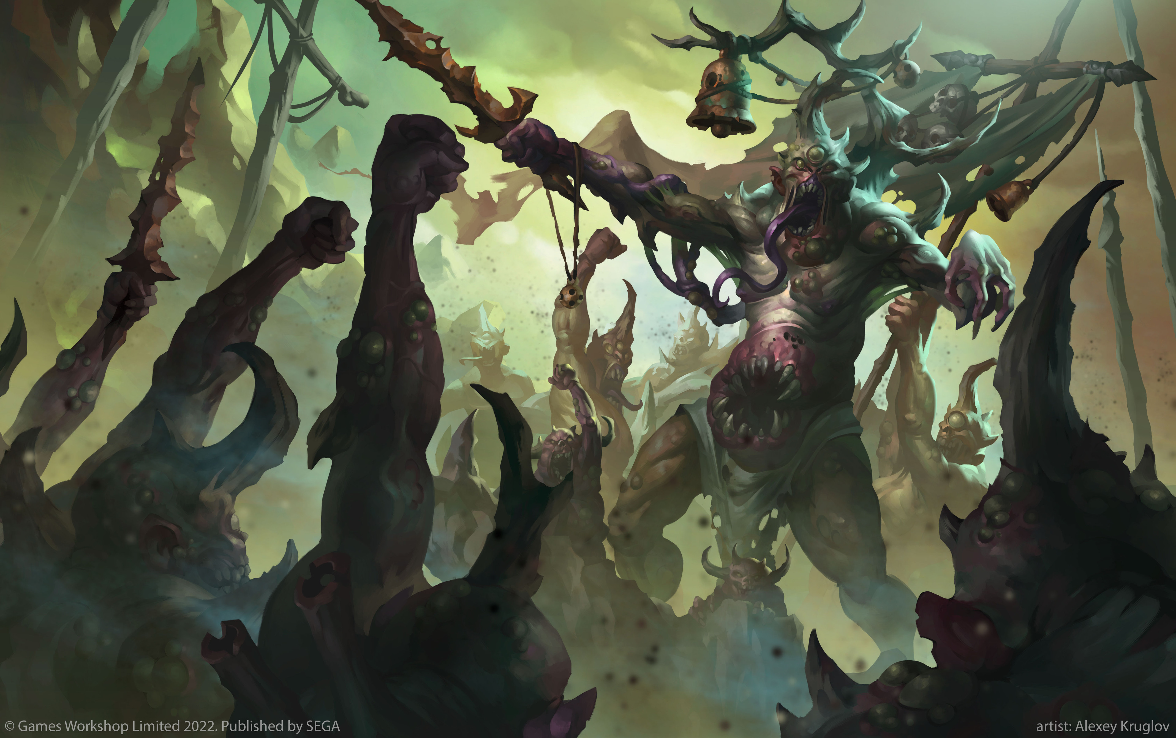 alexeykruglov, total war, total war: warhammer, warhammer fantasy, absurdres, highres, official art, banner, chaos (warhammer), colored tongue, demon, holding, holding banner, holding sword, holding weapon, long tongue, looking at viewer, monster, monster focus, open mouth, plaguebearer, purple tongue, sword, tongue, weapon