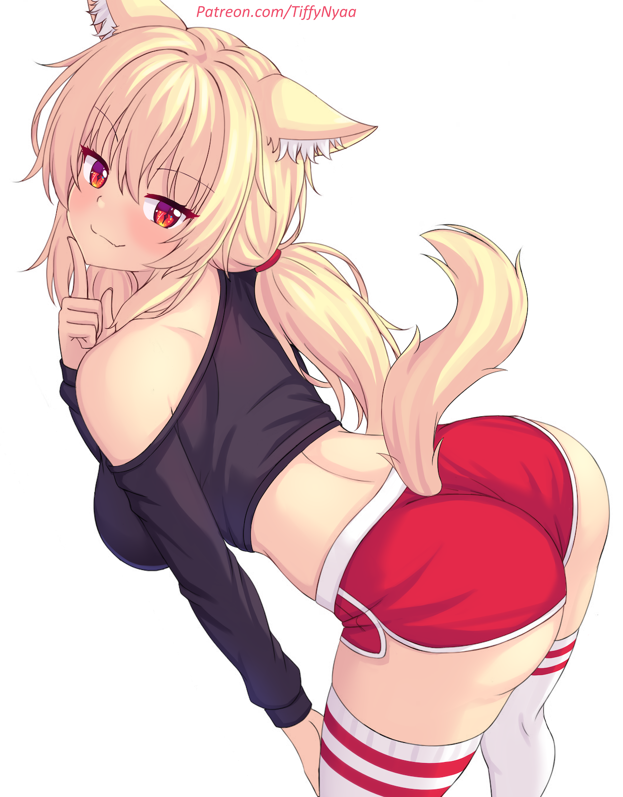 nottytiffy, tiffy (nottytiffy), original, commentary request, highres, 1girl, animal ear fluff, animal ears, ass, back, black shirt, blonde hair, blush, breasts, cat ears, cat girl, cat tail, crop top, hair tie, large breasts, leaning forward, long hair, long sleeves, looking at viewer, red eyes, red shorts, shirt, short shorts, shorts, sidelocks, simple background, smile, solo, tail, thighhighs, white background, white thighhighs
