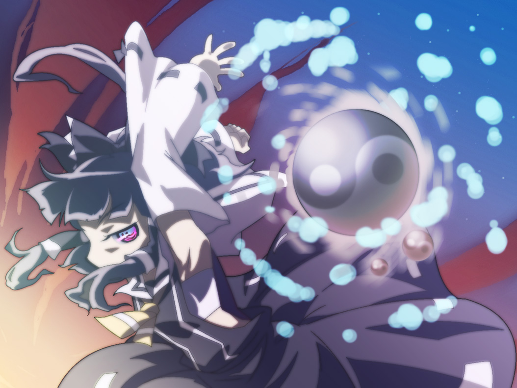 shokkin, hakurei reimu, touhou, 1girl, alternate color, dark persona, detached sleeves, female focus, hair tubes, looking at viewer, solo, yin yang