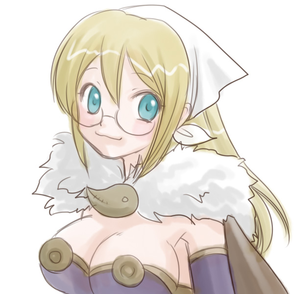 kanzaki naoya, alchemist (ragnarok online), ragnarok online, commentary request, 1girl, 2000s (style), black-framed eyewear, blonde hair, blue eyes, blush, breasts, brown cape, cape, cleavage, closed mouth, dress, elbow gloves, fur collar, glasses, gloves, headscarf, large breasts, long hair, purple gloves, semi-rimless eyewear, simple background, smile, solo, strapless, strapless dress, under-rim eyewear, white background, white headscarf