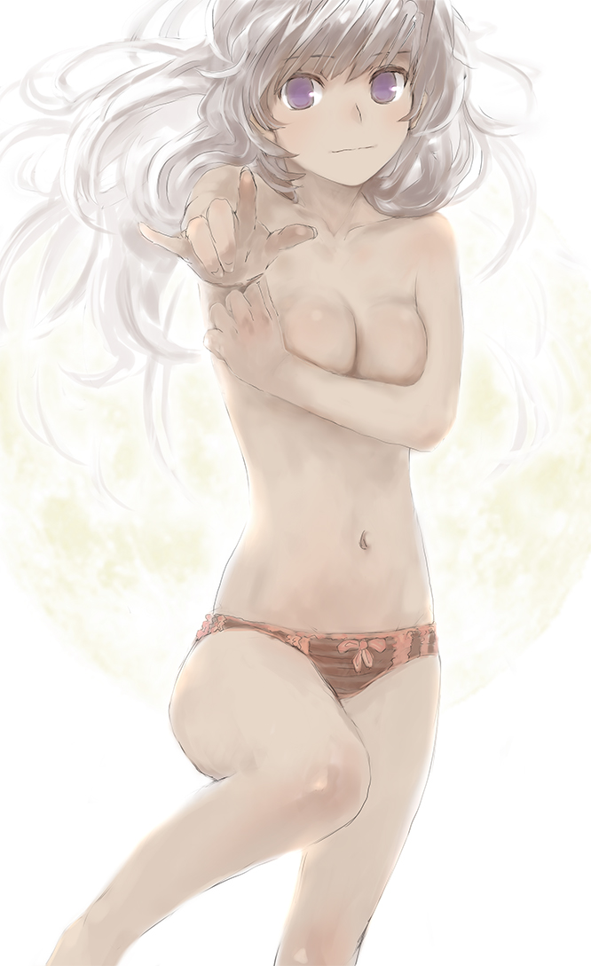 nimirom, bad id, bad pixiv id, 1girl, female focus, frills, long hair, panties, purple eyes, solo, striped clothes, striped panties, topless female, underwear, white hair