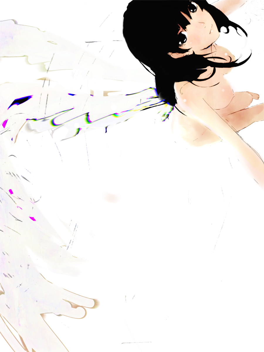 nimirom, bad id, bad pixiv id, highres, 1girl, barefoot, black hair, breasts, female focus, large breasts, long hair, nude, solo