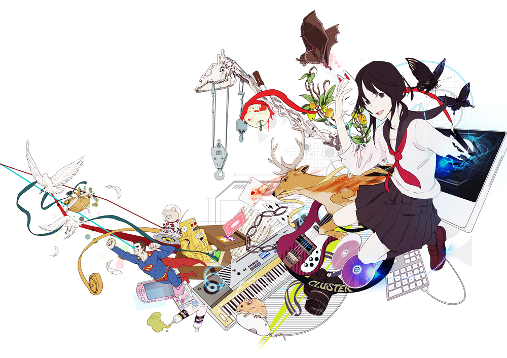 usi, superman, apple inc., dc comics, superman (series), tamiya, bad id, bad pixiv id, 1girl, ace (playing card), ace of hearts, apple, bat (animal), bird, black eyes, black hair, book, box, branch, bug, butterfly, camera, card, cd, chain, clothes writing, computer, computer keyboard, computer mouse, deer, disk, dove, feathers, female focus, flying saucer, food, four of diamonds, fox mask, fruit, game console, grid, grill, guitar, handheld game console, heart, insect, instrument, keyboard, keyboard (instrument), kneeling, knife, lcd, leaf, long hair, macintosh, mask, model, mouse (animal), open mouth, paint, peeling, picnic basket, playing card, playstation portable, ribbon, robot, school uniform, screen, simple background, skeleton, skull, smile, spacecraft, spacesuit, strap, stuffed animal, stuffed toy, synthesizer, teddy bear, through medium, through screen, toy, white background