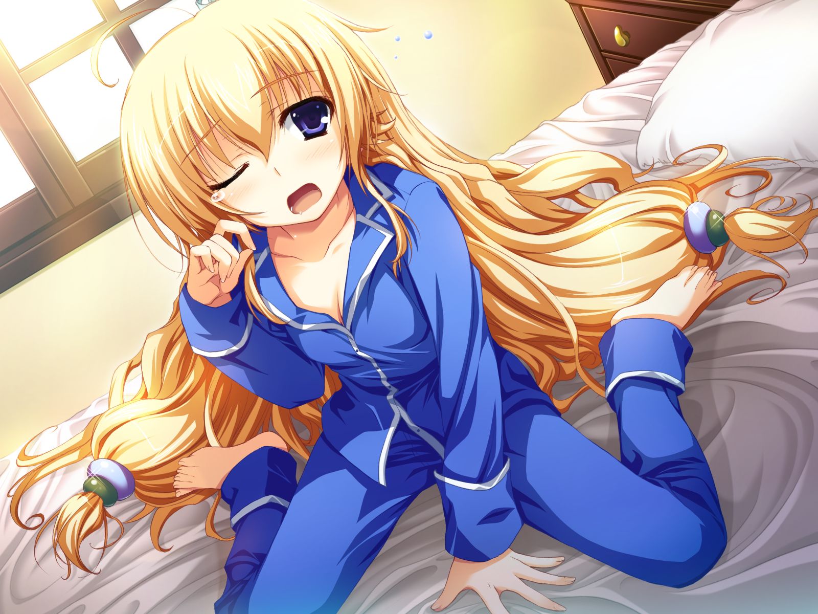 tomose shunsaku, kurayashiki tae, akatsuki no goei, game cg, highres, 1girl, barefoot, blonde hair, blue eyes, feet, female focus, long hair, one eye closed, pajamas, sitting, solo, teardrop, tears, very long hair, wariza, wink, yawning