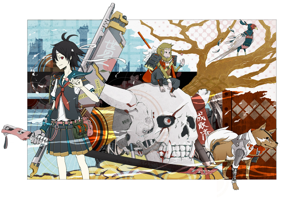 usi, momotarou densetsu, bad id, bad pixiv id, bird, black hair, contemporary, dog, eyepatch, guitar, instrument, monkey, pheasant, red eyes, shorts, skull