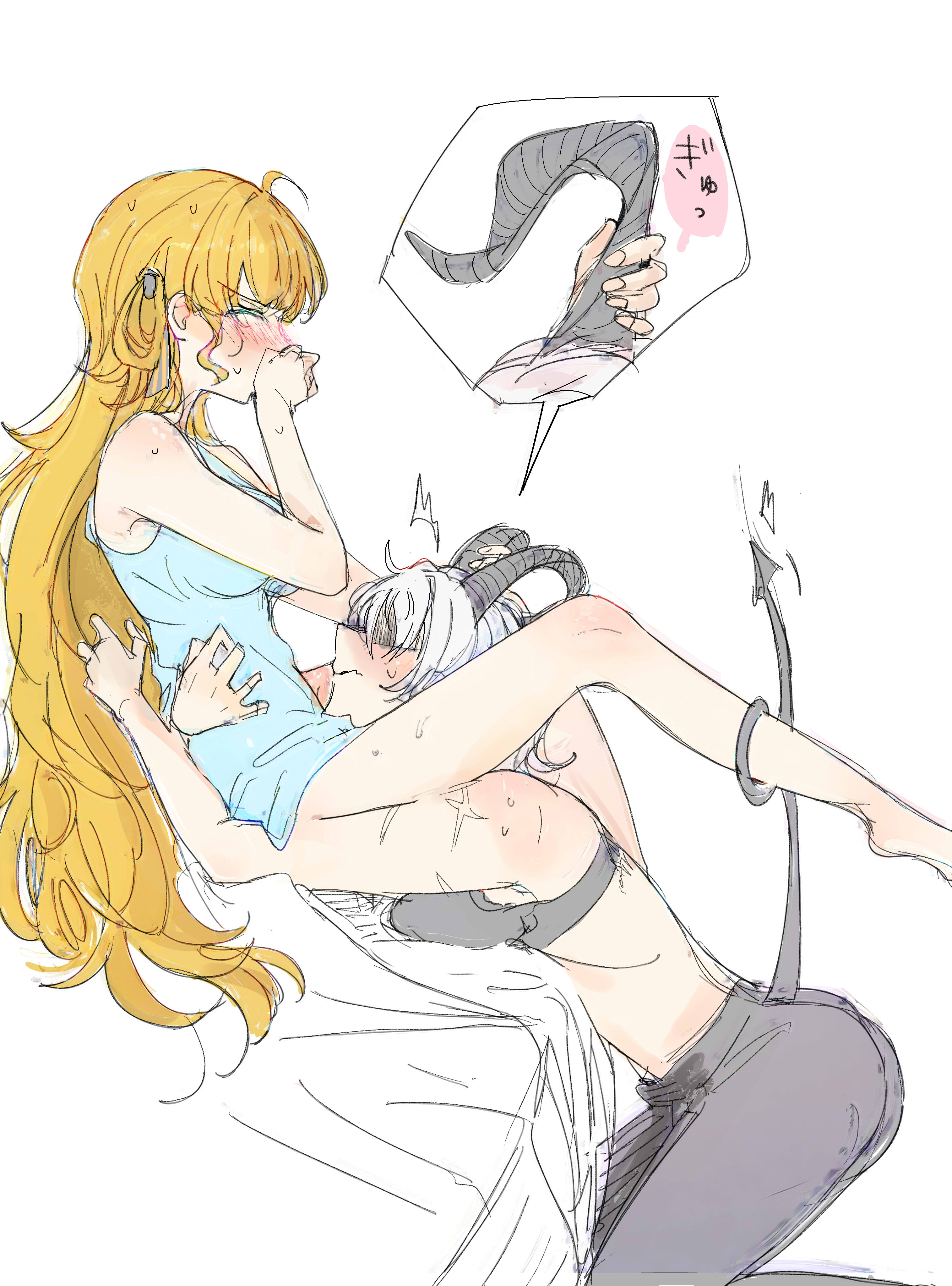 saku (amespi), phoebe (wuthering waves), zani (wuthering waves), wuthering waves, absurdres, commentary request, highres, 2girls, bare arms, bare legs, barefoot, between legs, black bra, black pants, blonde hair, blue camisole, blush, bra, camisole, closed eyes, demon tail, grabbing another's horns, hornjob, horns, long hair, multiple girls, pants, scar, scar on arm, simple background, sweat, tail, tail around another's leg, tail wrap, uncommon stimulation, underwear, white background, white hair, yuri