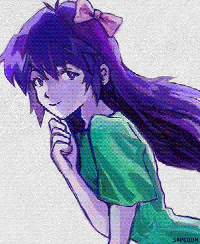 sapgoon, aubrey (headspace) (omori), aubrey (omori), omori, 1990s (style), 1girl, artist name, blue shirt, bow, closed mouth, colored skin, hair bow, long hair, long shirt, looking at viewer, pink bow, purple eyes, purple hair, retro artstyle, shirt, short sleeves, smile, solo, upper body, white skin