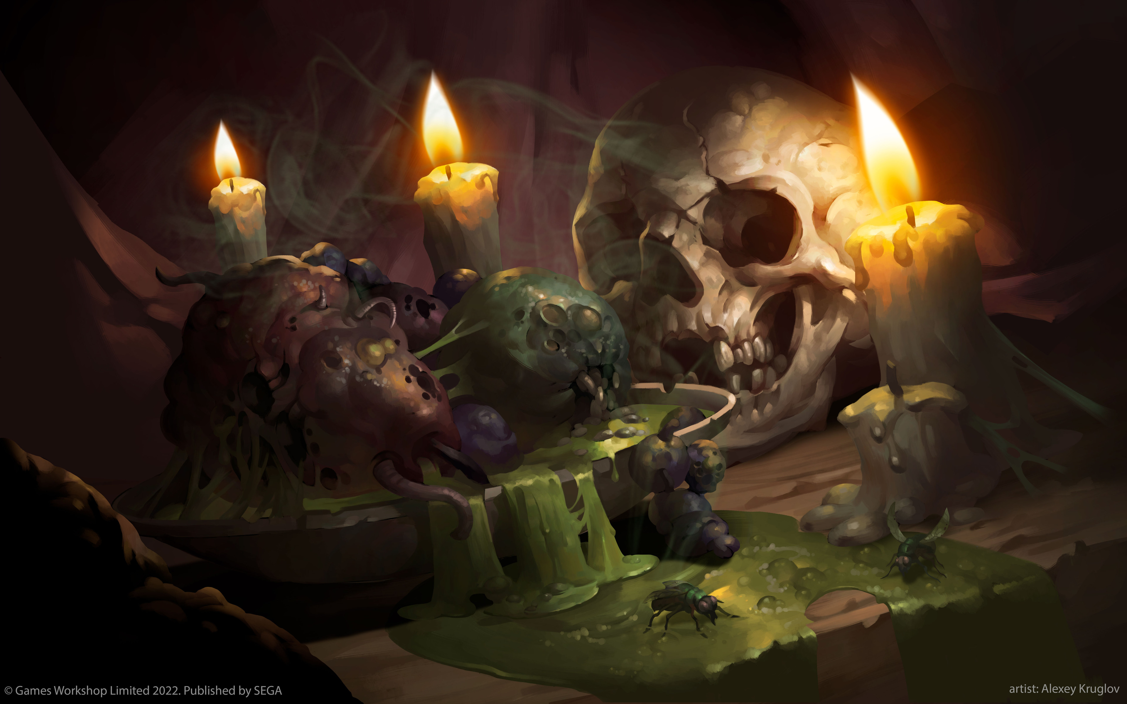 alexeykruglov, total war, total war: warhammer, warhammer fantasy, absurdres, highres, official art, bowl, bug, chaos (warhammer), demon, fly, insect, lit fuse, no humans, rotten, shadow, skull, still life