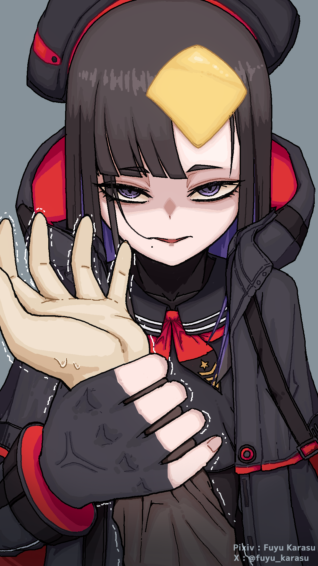 fuyu karasu, commander (nikke), eunhwa (nikke), goddess of victory: nikke, highres, 1boy, 1girl, anger vein, beret, black coat, cheese, coat, food, grabbing another's arm, grey background, hat, looking at viewer, motion lines, neckerchief, purple eyes, purple hair, red neckerchief, sliced cheese, sweat, trembling
