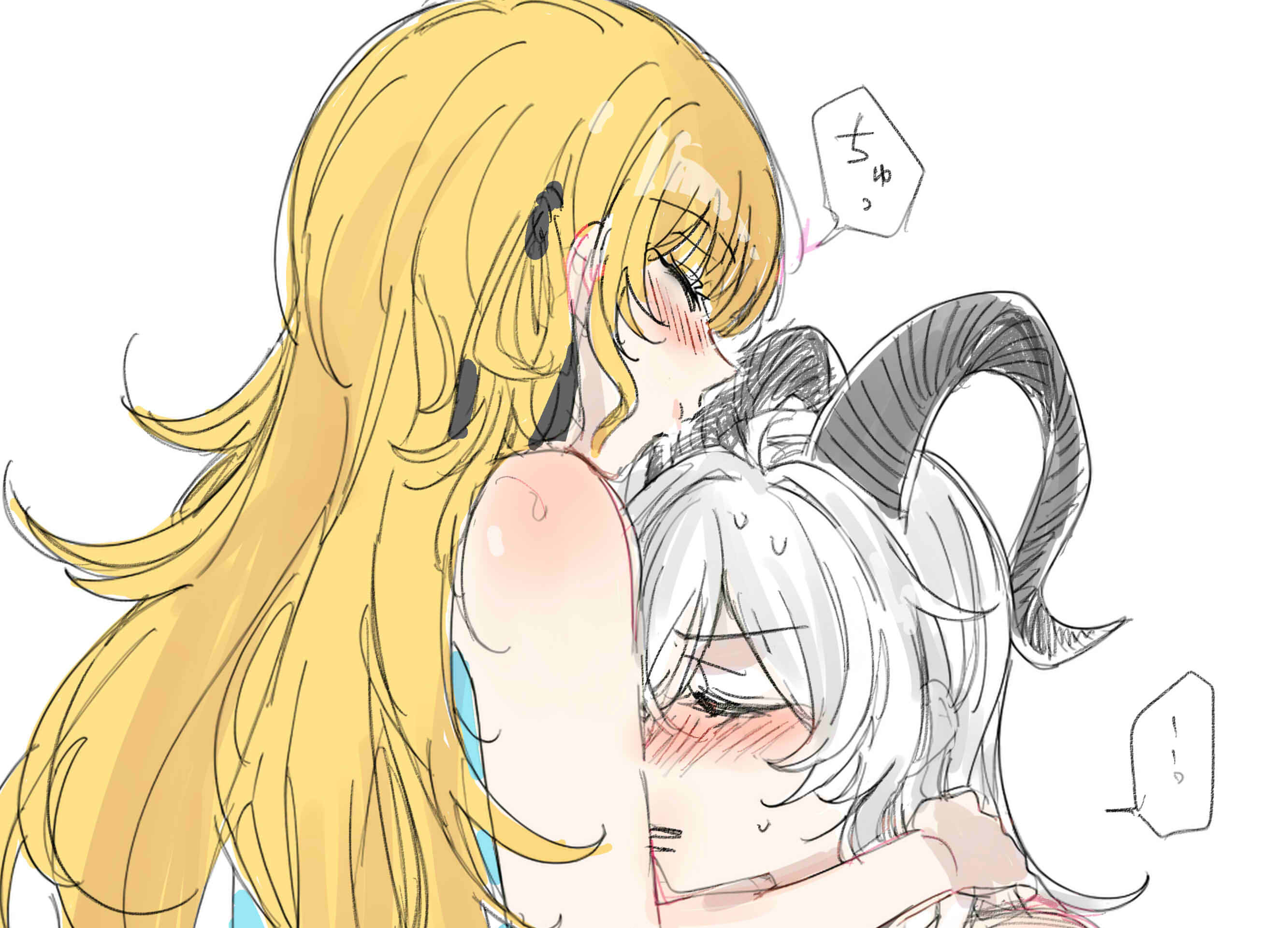 saku (amespi), phoebe (wuthering waves), zani (wuthering waves), wuthering waves, commentary request, highres, translation request, 2girls, blonde hair, blush, closed eyes, horns, long hair, multiple girls, simple background, speech bubble, sweat, white background, white hair, yuri