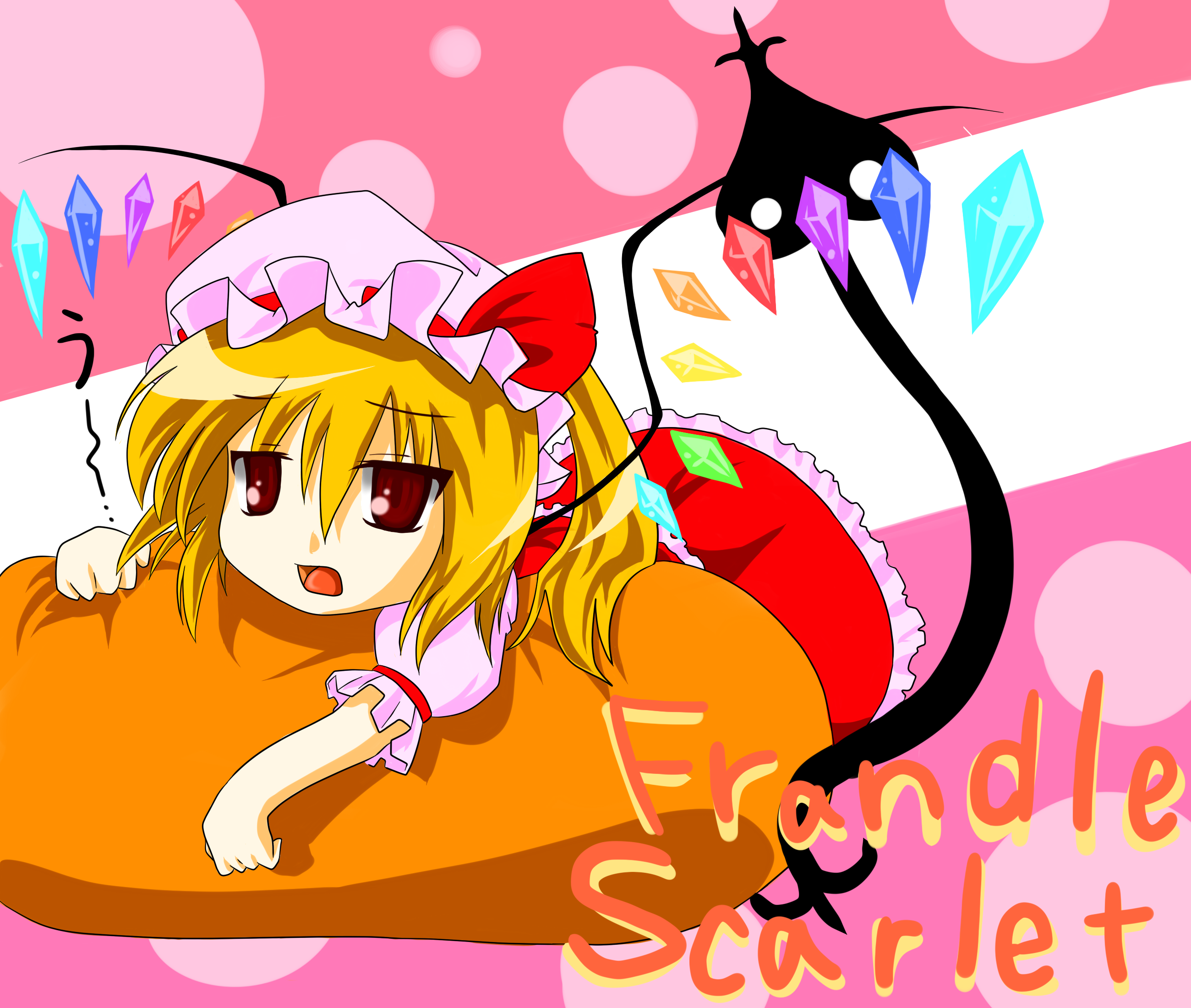 eiri (eirri), flandre scarlet, touhou, bad id, bad pixiv id, highres, 1girl, blonde hair, blouse, character name, female focus, haipa-okara, hair between eyes, hat, laevatein, lying, mob cap, pink background, red eyes, shirt, solo, white hat, white shirt, wings