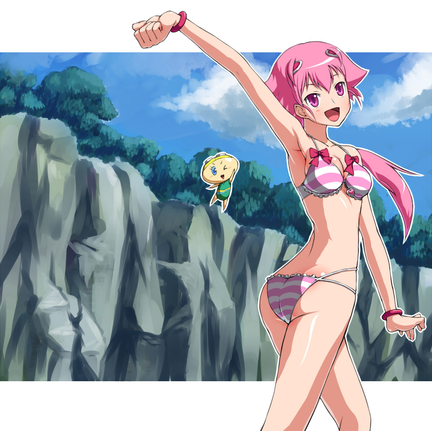 majin (marcia), shishidou akiha, shishidou imoko, sora wo kakeru shoujo, 00s, 1girl, ass, bad anatomy, bikini, bracelet, butt crack, clenched hand, day, jewelry, long hair, pink eyes, pink hair, raised fist, striped bikini, striped clothes, swimsuit