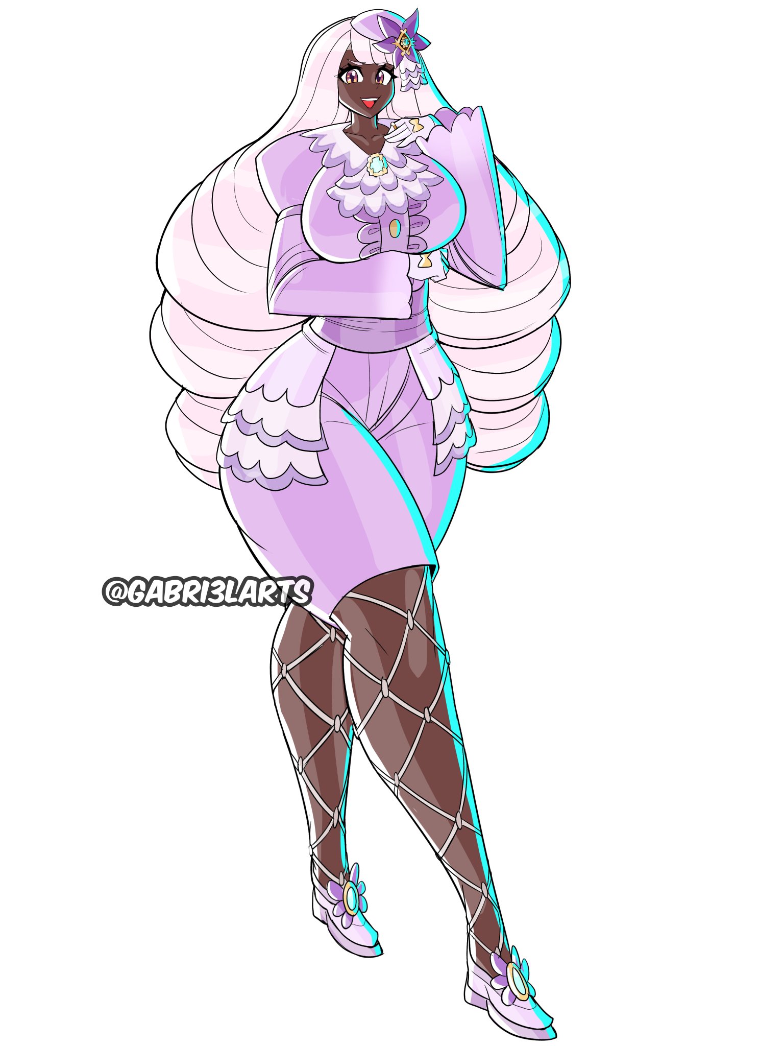 gabri3larts, jacinthe (pokemon), nintendo, pokemon, pokemon legends: z-a, commentary, english commentary, highres, 1girl, 2025, alternate breast size (larger), arm under breasts, arms up, artist name, breasts, collarbone, dark-skinned female, dark skin, dress, fascinator, fishnet pantyhose, fishnets, frills, full body, glove bow, gloves, hand on own chest, jewelry, juliet sleeves, large breasts, long sleeves, looking at viewer, low drills, mega stone, pantyhose, pink shoes, puffy sleeves, purple dress, purple eyes, purple hair, ring, shoes, simple background, swept bangs, teeth, upper teeth only, walking, white background