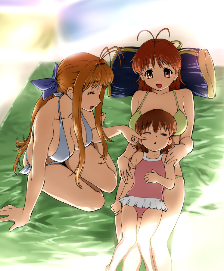 ueyama michirou, furukawa nagisa, furukawa sanae, okazaki ushio, clannad, 00s, 3girls, antenna hair, barefoot, beach, bikini, breast pillow, breasts, brown eyes, brown hair, cheek poking, child, cleavage, closed eyes, family, flat chest, hair ribbon, large breasts, lying, lying on person, mature female, medium breasts, multiple girls, open mouth, poking, ribbon, sitting, sleeping, smile, swimsuit, teasing, yokozuwari