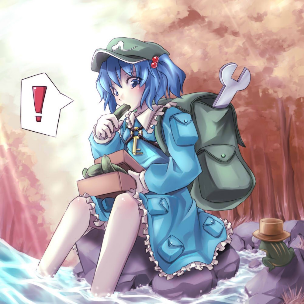 kawashiro nitori, touhou, 1girl, backpack, bag, blue hair, cucumber, eating, female focus, forest, frog, hair bobbles, hair ornament, hat, nature, outdoors, plant, randoseru, solo, twintails, two side up, wrench