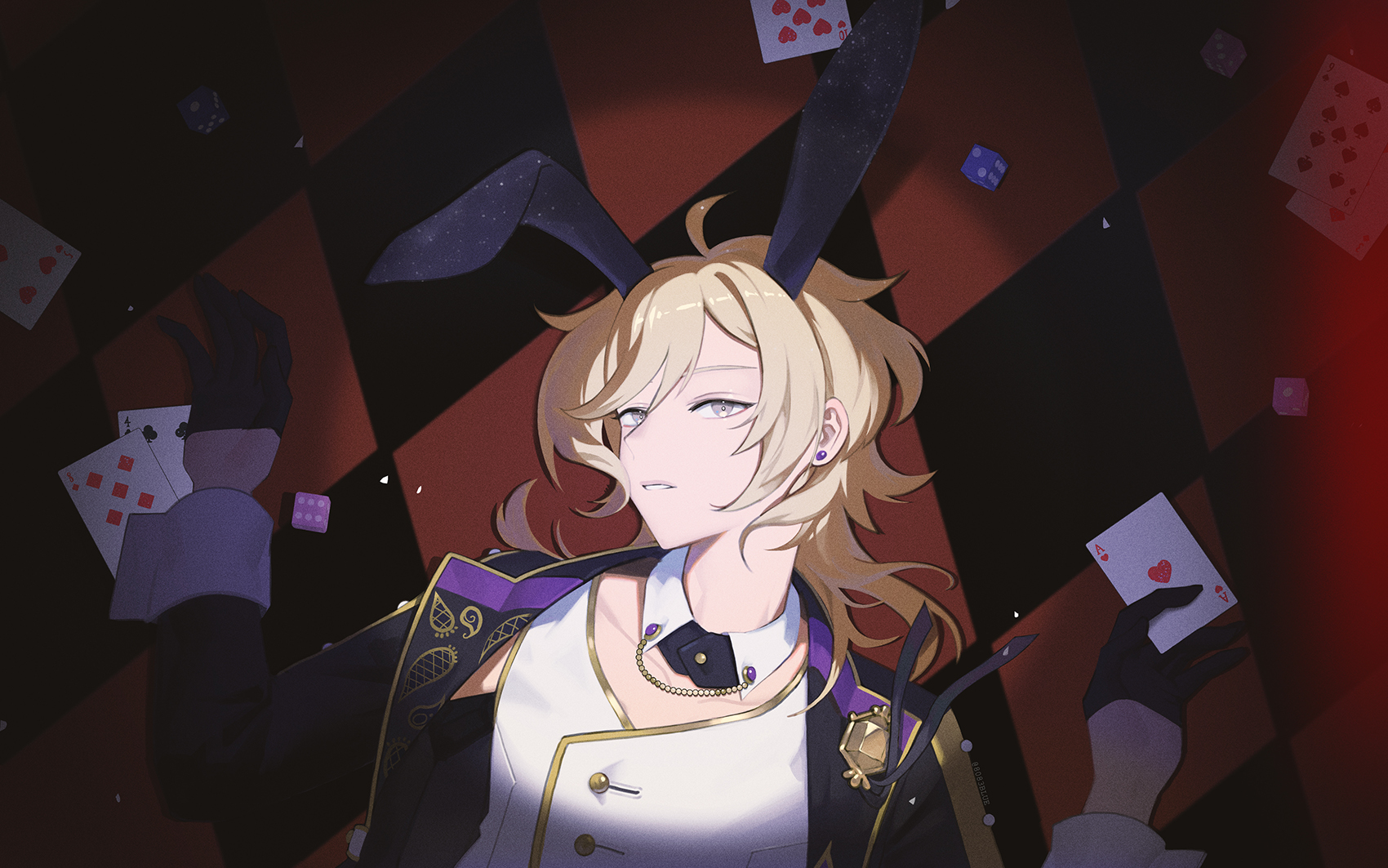 8083 blue, hakaze kaoru, ensemble stars!, commentary request, highres, 1boy, ace (playing card), ace of hearts, animal ears, black jacket, blonde hair, card, checkered background, dice, eight of diamonds (playing card), fake animal ears, five of hearts, four of clubs, heart, jacket, looking at viewer, lying, male focus, nine of spades, on back, parted lips, playing card, rabbit ears, short hair, solo, ten of hearts, three of diamonds, vest, white vest