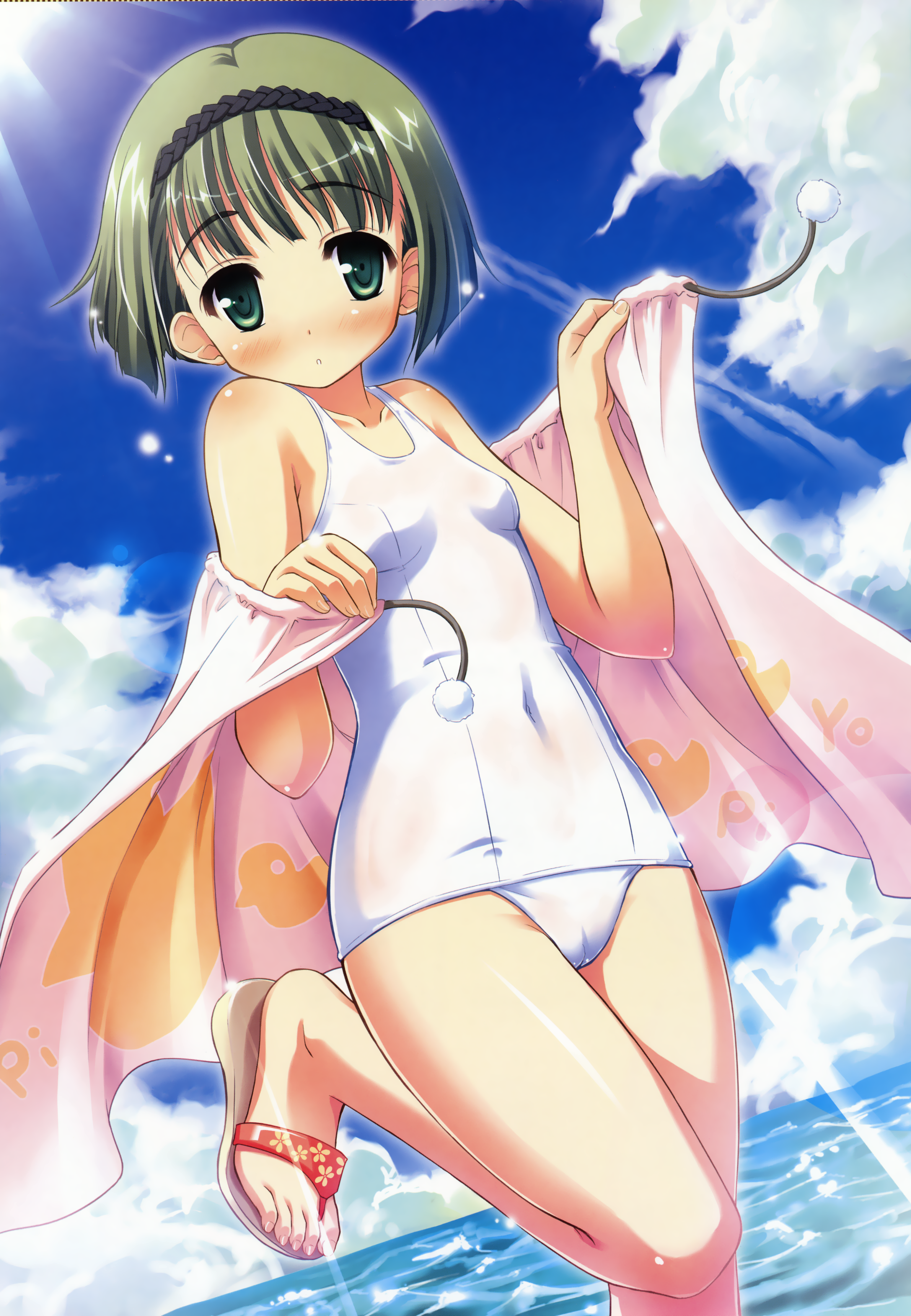 tougarashi hideyu, urashima kanome, harukazedori ni tomarigi wo, absurdres, highres, 1girl, beach, blush, day, feet, female focus, flat chest, flip-flops, green eyes, green hair, hairband, matching hair/eyes, one-piece swimsuit, outdoors, sandals, school swimsuit, short hair, solo, swimsuit, towel, white one-piece swimsuit, white school swimsuit