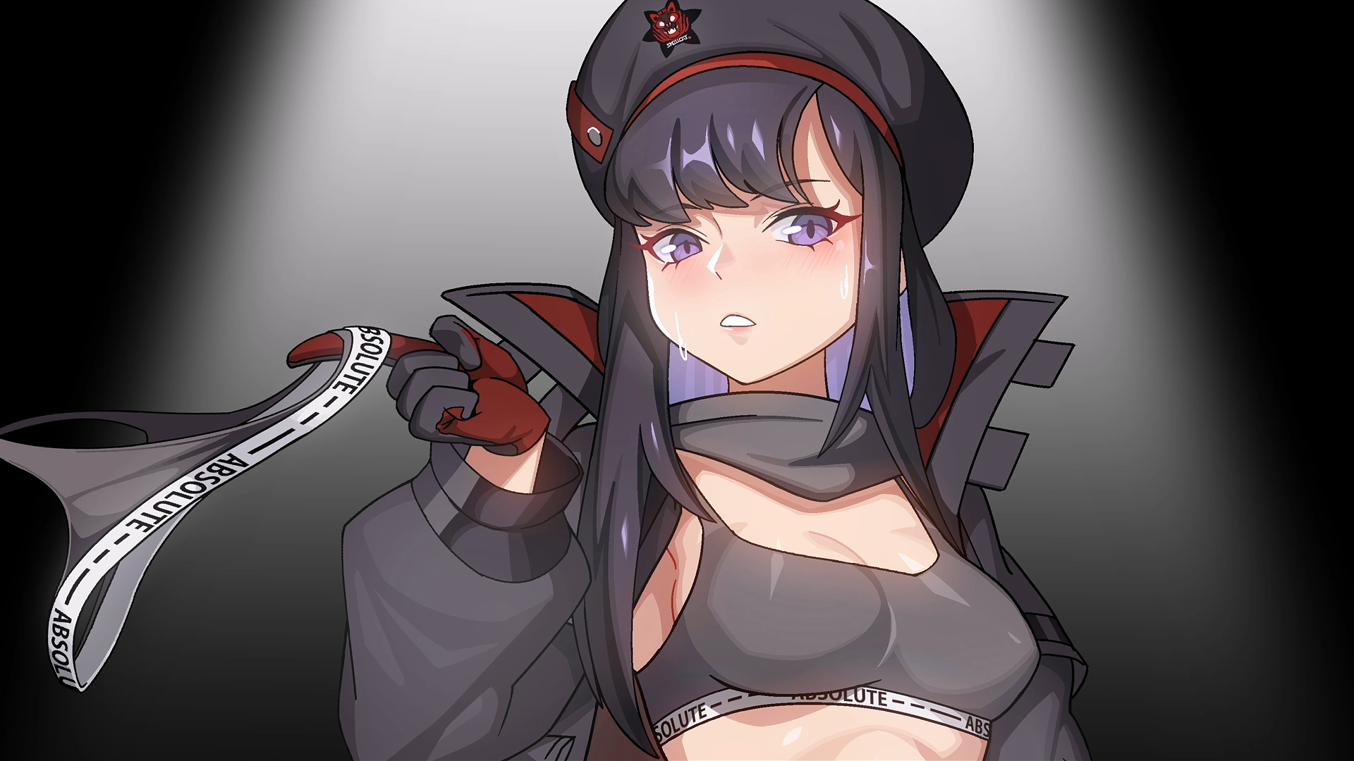 grapeanime, eunhwa (nikke), eunhwa (tactical upgrade) (nikke), goddess of victory: nikke, highres, 1girl, beret, black hair, breasts, colored inner hair, grey jacket, grey sports bra, hat, holding, holding panties, holding underwear, holding unworn clothes, jacket, medium breasts, multicolored hair, panties, purple eyes, purple hair, solo, sports bra, sweat, underwear