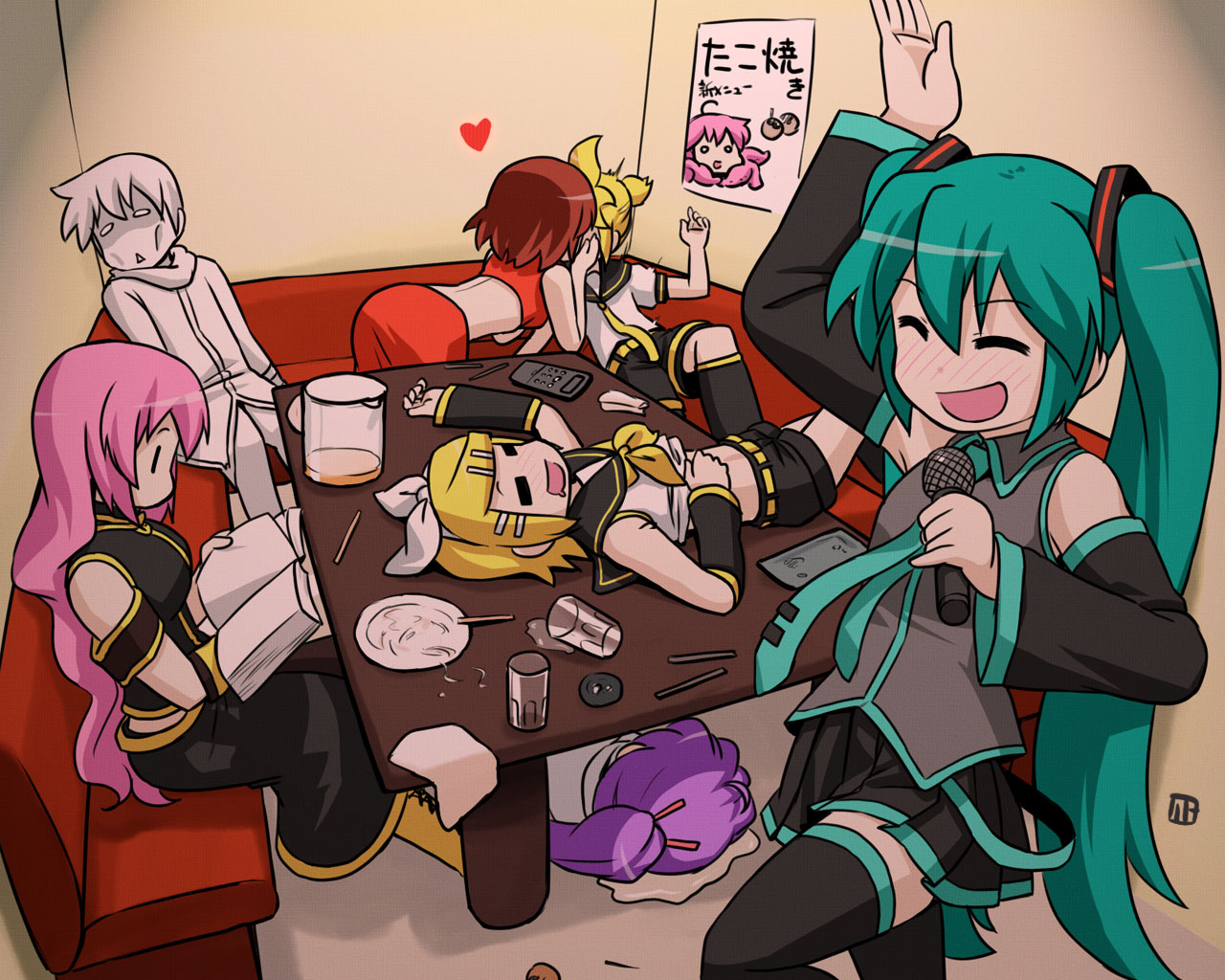 nagian, hatsune miku, kagamine len, kagamine rin, kaito (vocaloid), kamui gakupo, megurine luka, meiko (vocaloid), takoluka, vocaloid, 3boys, 4girls, :<, = =, aqua hair, book, cameo, controller, drunk, heart, karaoke, kiss, microphone, multiple boys, multiple girls, music, o o, pale skin, remote control, singing, thighhighs, | |