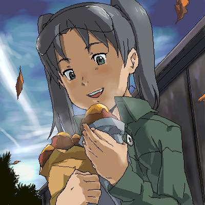 amasawa yuuko, dennou coil, lowres, non-web source, 00s, 1girl, black hair, day, eating, female focus, food, glasses, green eyes, jacket, oekaki, sky, smile, solo, twintails