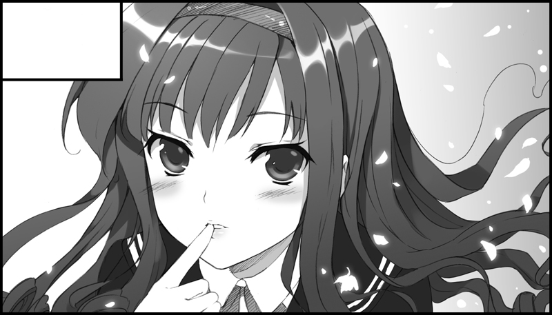 cuteg, morishima haruka, amagami, kimi kiss, bad id, bad pixiv id, 1girl, black border, blush, border, circle cut, female focus, finger to mouth, greyscale, hairband, lips, monochrome, solo