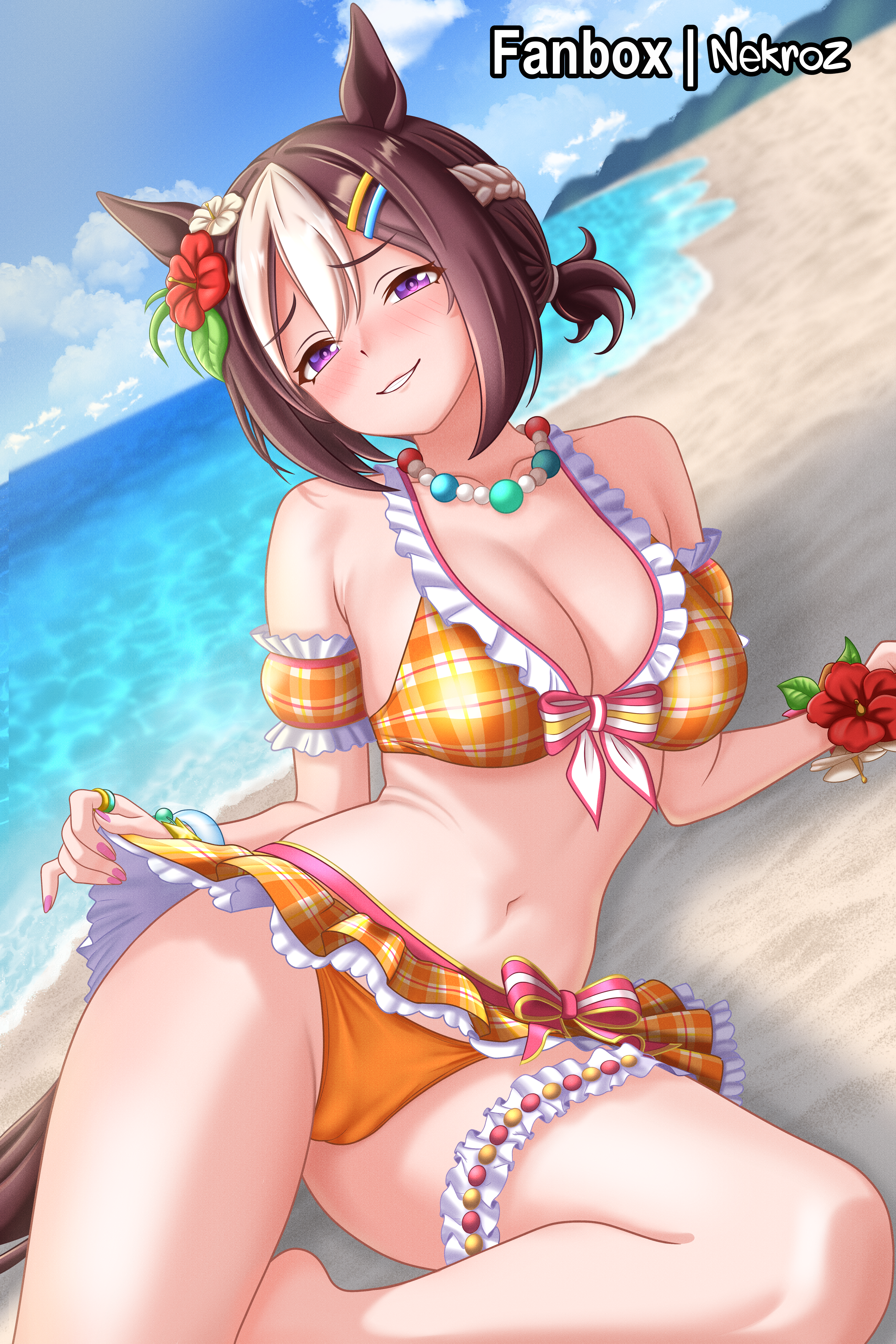 nekroz7, special week (hopp'n happy heart) (umamusume), special week (umamusume), umamusume, absurdres, commentary, highres, 1girl, animal ears, bare shoulders, beach, bead necklace, beads, bikini, black hair, blue sky, blush, bouncing breasts, breasts, cleavage, cloud, cloudy sky, detached sleeves, ear flower, frilled bikini, frills, hands up, horizon, horse ears, horse girl, horse tail, jewelry, large breasts, looking at viewer, necklace, ocean, official alternate costume, on ground, orange bikini, outdoors, plaid bikini, plaid clothes, puffy sleeves, purple eyes, short hair, sky, smile, solo, swimsuit, tail, unaligned breasts, white hair, white streaks, wrist flower