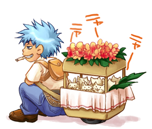 blacksmith (ragnarok online), ragnarok online, commentary, lowres, 1boy, 2000s (style), backpack, bag, blue eyes, blue hair, brown bag, brown shoes, cat, cigarette, flower, full body, grin, kumaneko (clockhand55), male focus, pink flower, pullcart, shirt, shoes, short hair, short sleeves, simple background, sitting, smile, solo, white background, white shirt