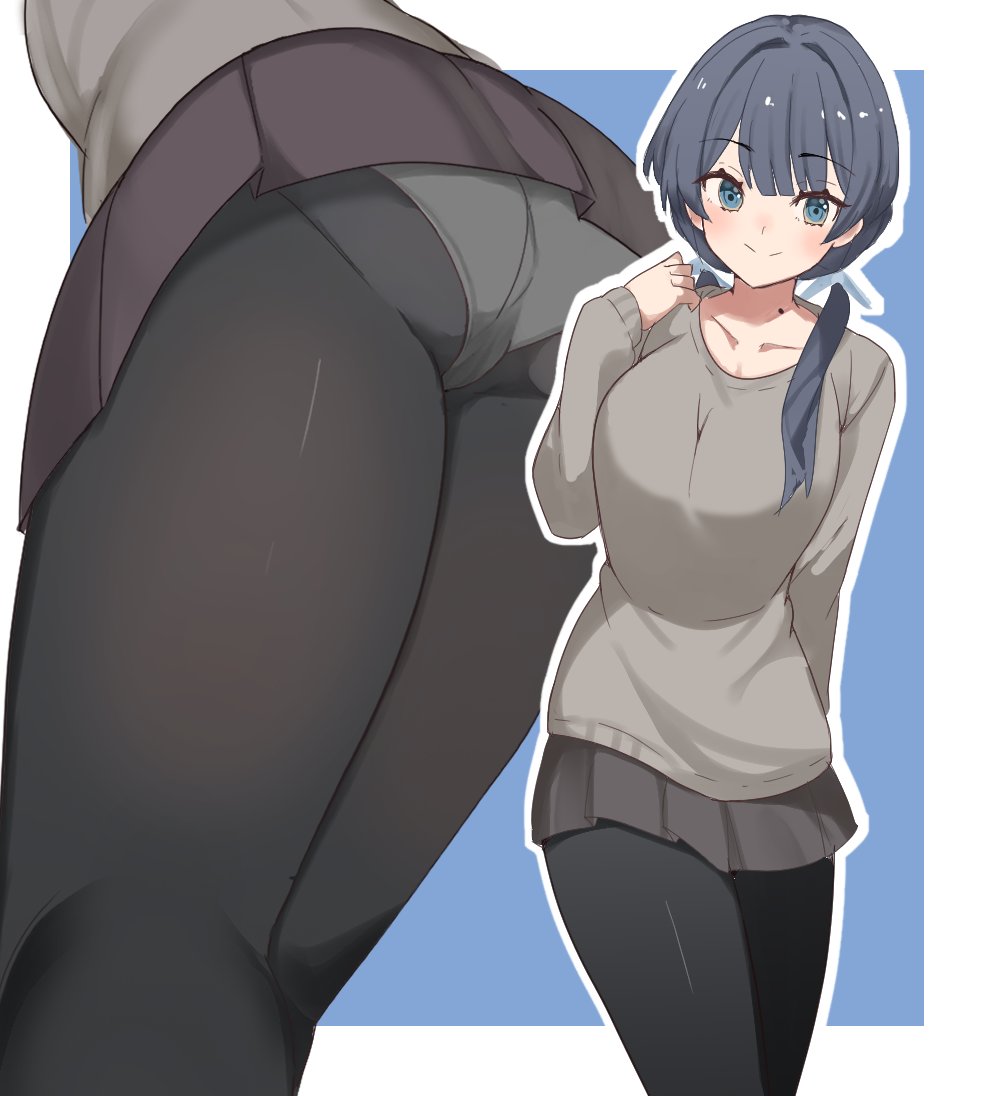 soyo1558686, murano sayaka, murano sayaka (winter casual), link! like! love live!, love live!, commentary request, 1girl, black pantyhose, blue background, blue hair, blue ribbon, border, breasts, collarbone, grey shirt, grey skirt, hair ribbon, large breasts, low twintails, lying, miniskirt, mole, mole on neck, mtu virus, multiple views, official alternate costume, on back, outline, panties, pantyhose, pantyshot, pleated skirt, ribbon, shirt, simple background, skirt, twintails, underwear, virtual youtuber, white border, white outline, white panties