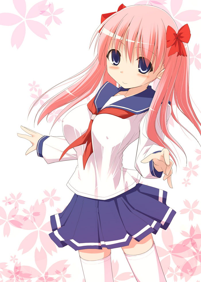 kurikara, haramura nodoka, saki (manga), 00s, blue eyes, bow, breasts, covered erect nipples, hair bow, large breasts, long hair, pink hair, school uniform, serafuku, solo, thighhighs