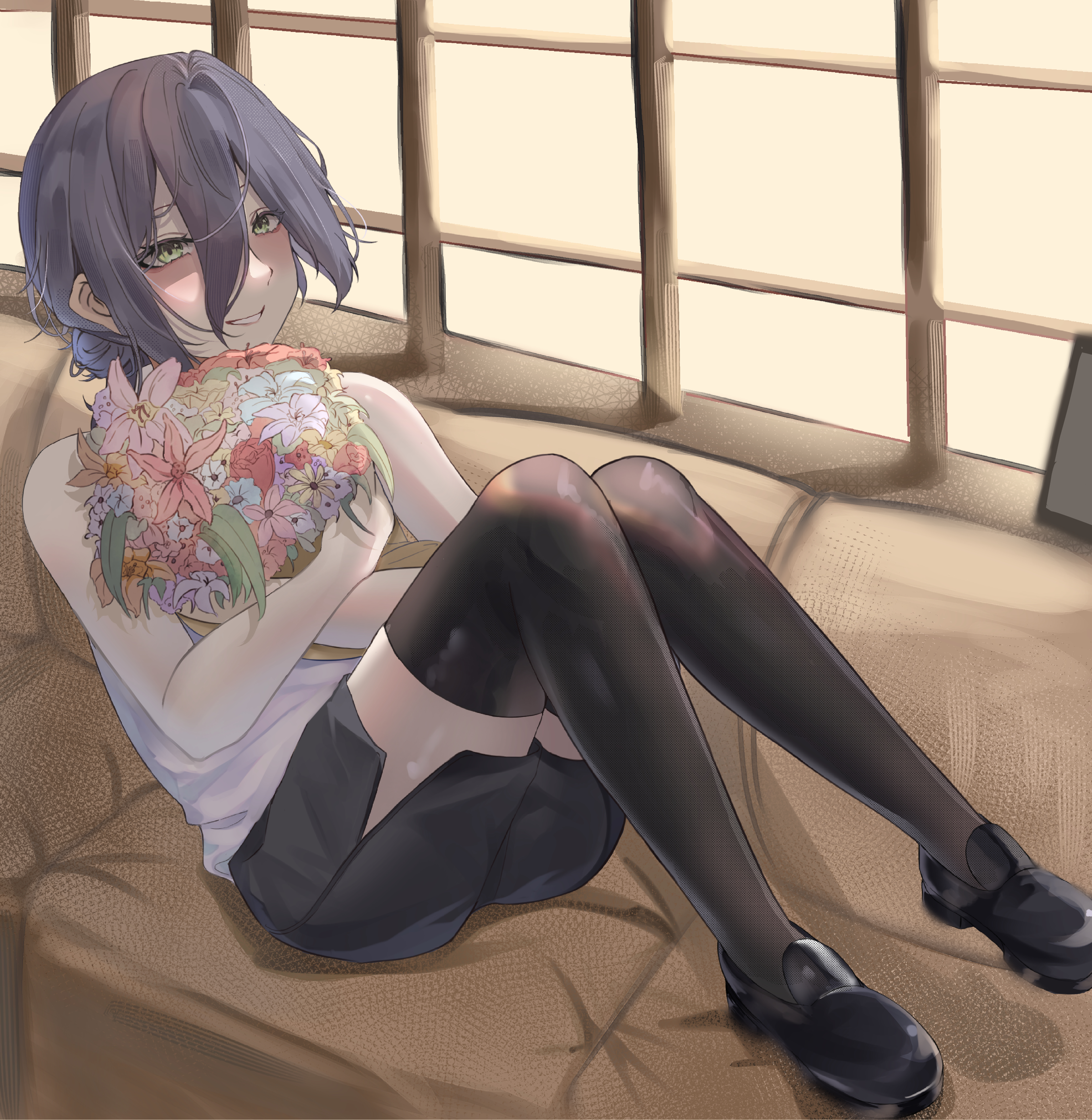 yojio (user rwvk5887), reze (chainsaw man), chainsaw man, absurdres, highres, 1girl, black hair, black shorts, black thighhighs, bouquet, flower, green eyes, hair between eyes, hair bun, holding, holding bouquet, indoors, knees up, shirt, shorts, solo, thighhighs, white shirt, window