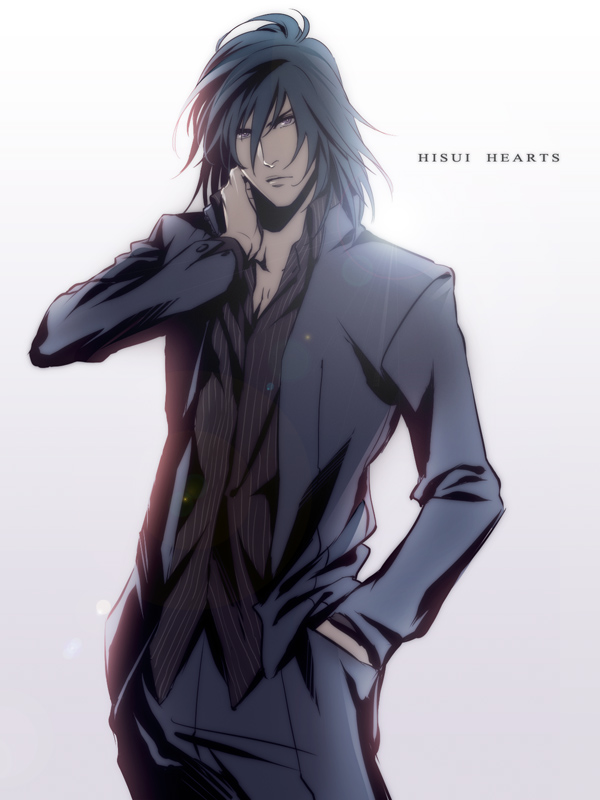 kuren, hisui hearts, tale of hearts, tales of (series), tales of hearts, 1boy, black hair, casual, character name, formal clothes, male focus, purple eyes, solo, suit, white background