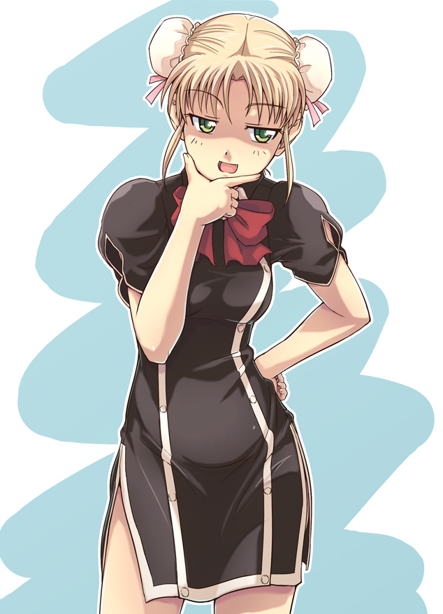 e20, yang yang, quiz magic academy, blonde hair, bun cover, china dress, chinese clothes, double bun, dress, green eyes, ribbon, short hair, solo