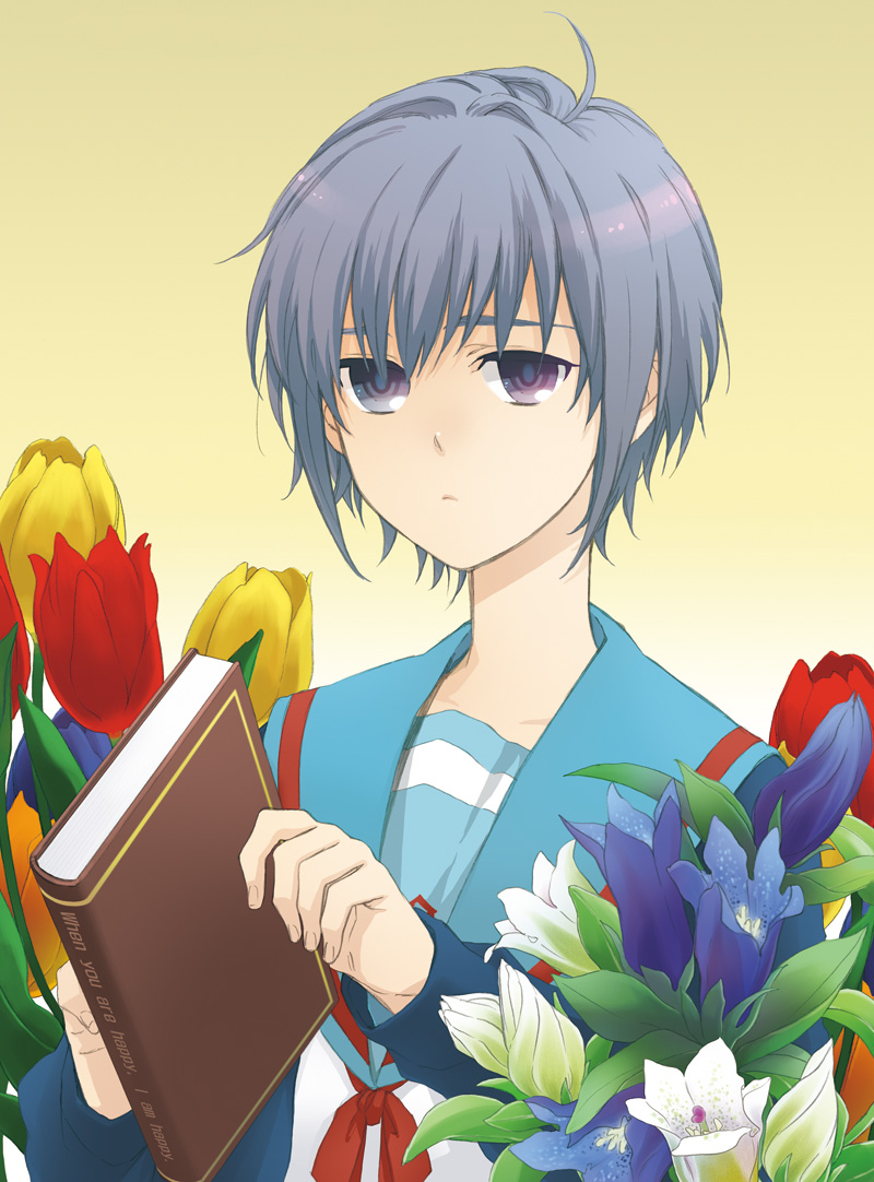akuta michi, nagato yuki, suzumiya haruhi no yuuutsu, silver hair, bad id, bad pixiv id, 00s, book, cardigan, english text, flower, purple eyes, school uniform, serafuku, short hair
