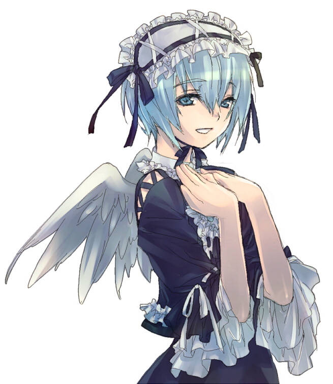 wanko (pixiv), wanko (takohati8), lei (deathsmiles), rei (deathsmiles), cave (developer), deathsmiles, deathsmiles 2, 1boy, androgynous, angel wings, blue eyes, blue hair, goth fashion, gothic lolita, lolita fashion, male focus, matching hair/eyes, short hair, solo, trap, wings
