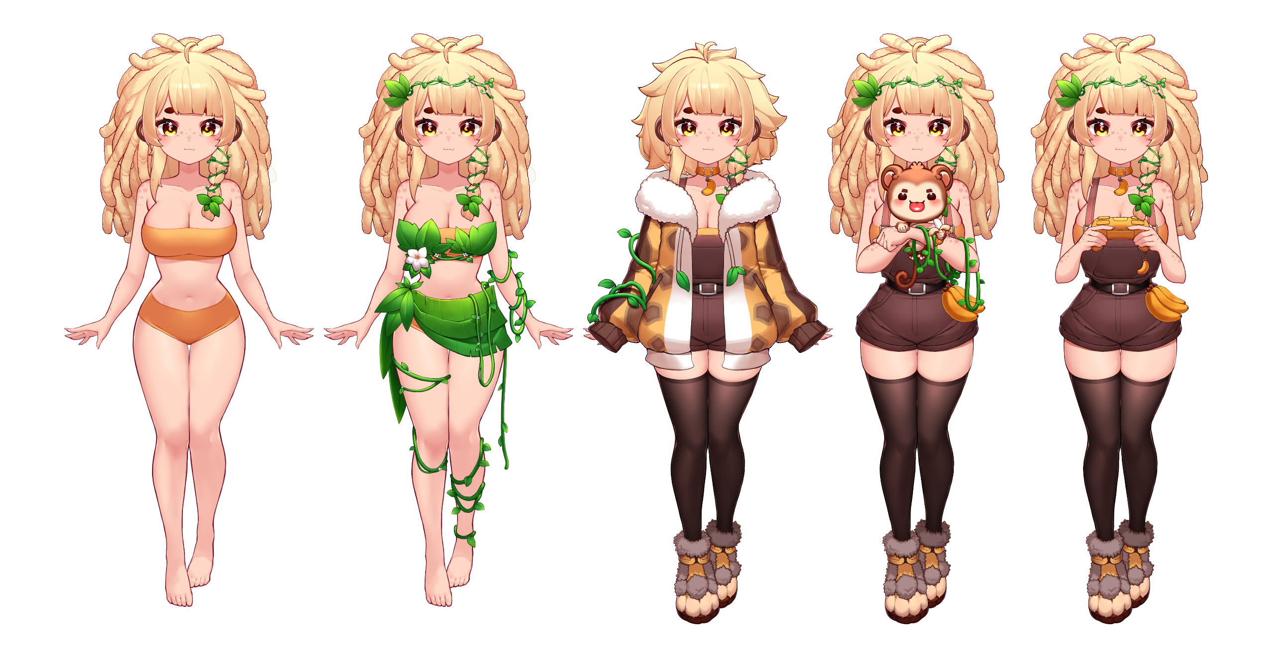 bananajuju, indie virtual youtuber, bad link, highres, official art, 1girl, animal, animal ears, banana, barefoot, belt, black thighhighs, blonde hair, bra, breasts, cleavage, closed mouth, collar, controller, dreadlocks, flower, food, fruit, full body, fur trim, game controller, holding, holding animal, holding controller, holding game controller, large breasts, leaf, leaf bra, leaf skirt, long hair, looking at viewer, monkey, monkey ears, multiple views, navel, orange bra, orange collar, orange panties, overall shorts, overalls, panties, plant, quaften derpy, shoes, simple background, straight-on, thighhighs, underwear, virtual youtuber, white background, white flower, yellow eyes