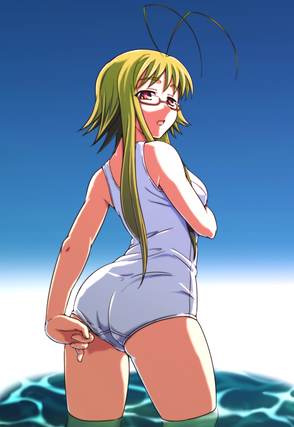 e20, ikaruga chihaya, asu no yoichi, 00s, 1girl, adjusting clothes, adjusting swimsuit, antenna hair, ass, blonde hair, cowboy shot, day, female focus, from below, glasses, green hair, long hair, looking back, one-piece swimsuit, open mouth, red eyes, school swimsuit, short hair with long locks, solo, swimsuit, wading, water, white one-piece swimsuit