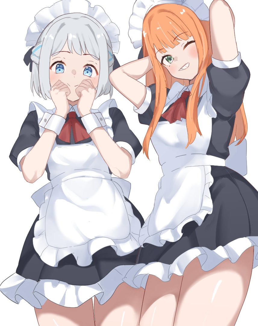 soyo1558686, katsuragi lilja, shiun sumika, gakuen idolmaster, idolmaster, commentary request, 2girls, apron, arms up, black dress, blue eyes, blue hair, clenched hands, collared dress, contrast collar, cowboy shot, dress, green eyes, grey hair, grin, long hair, long sidelocks, looking at viewer, maid, maid apron, maid headdress, multicolored hair, multiple girls, orange hair, puffy short sleeves, puffy sleeves, short dress, short hair, short sleeves, sidelocks, smile, streaked hair, white apron, white wrist cuffs, wrist cuffs