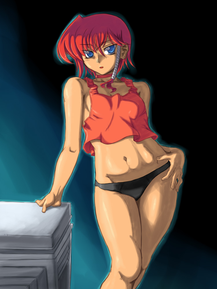 othousand, fiona gureden, banpresto, super robot wars, super robot wars reversal, abs, black panties, blue eyes, dark skin, legs, midriff, panties, red hair, short hair, solo, tank top, underwear