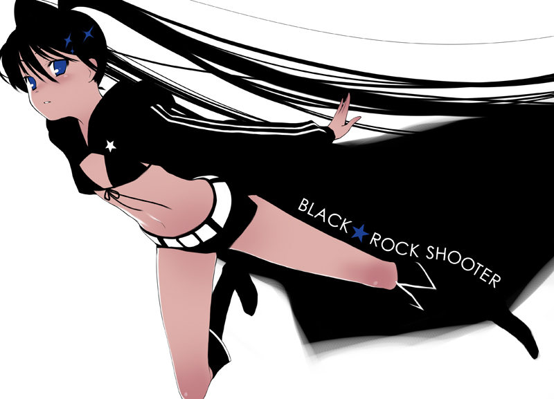 oryo (oryo04), black rock shooter (character), black rock shooter, bad id, bad pixiv id, 10s, 1girl, bikini, bikini top only, black hair, blue eyes, blush, boots, cape, female focus, long hair, simple background, solo, swimsuit, twintails, very long hair