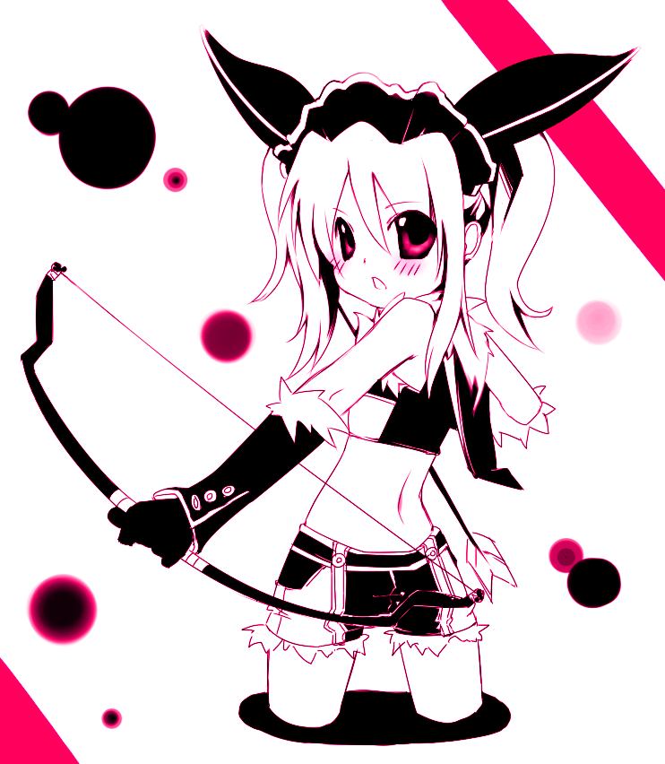 shira (shirataki04), sniper (ragnarok online), ragnarok online, commentary request, 1girl, arrow (projectile), back, blush, bow (weapon), cowboy shot, crop top, cropped legs, from behind, fur-trimmed gloves, fur-trimmed shirt, fur-trimmed shorts, fur trim, gloves, headdress, high contrast, holding, holding bow (weapon), holding weapon, long hair, looking at viewer, midriff, monochrome, open mouth, pink theme, shirt, short shorts, shorts, sidelocks, simple background, sleeveless, sleeveless shirt, solo, twintails, weapon