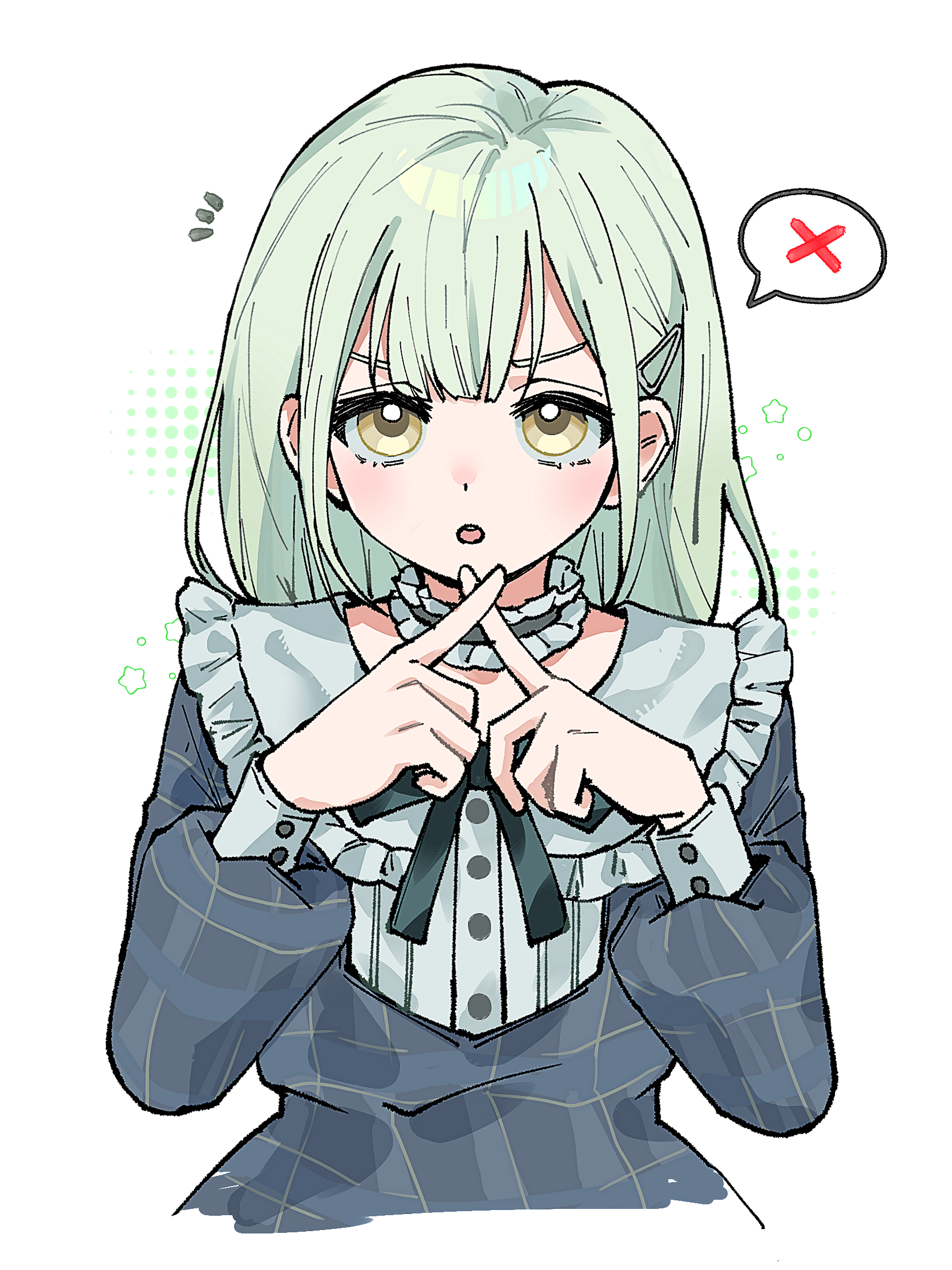mortis (bang dream!), mortis (persona) (bang dream!), wakaba mutsumi, bang dream!, bang dream! it's mygo!!!!!, highres, 1girl, :o, black ribbon, blush, buttons, choker, cropped torso, crossed fingers, dotted background, dress, fanged bangs, frilled choker, frilled shirt collar, frills, green hair, grey dress, hair ornament, hairclip, kenkou ni yoku nai! (bang dream!), long hair, long sleeves, looking at viewer, micaaaa, neck ribbon, notice lines, open mouth, plaid clothes, plaid dress, puffy long sleeves, puffy sleeves, puritan collar, ribbon, simple background, sleeve cuffs, solo, spoken x, star (symbol), star symbol background, straight-on, straight hair, v-shaped eyebrows, white background, yellow eyes