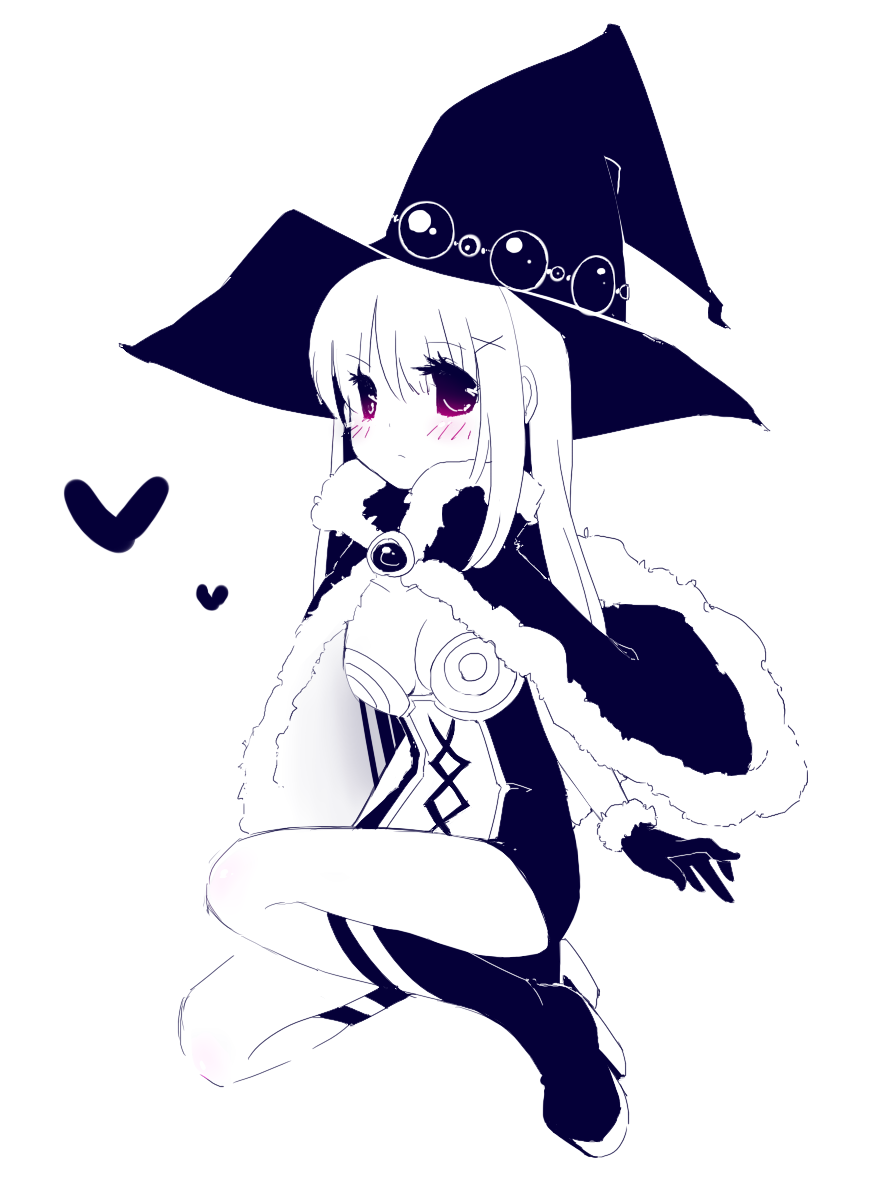 shira (shirataki04), high wizard (ragnarok online), ragnarok online, commentary request, 1girl, blush, boots, breasts, cape, cleavage, closed mouth, dress, full body, fur-trimmed gloves, fur cape, fur trim, gloves, greyscale, hair ornament, hat, heart, high contrast, long hair, looking at viewer, medium breasts, monochrome, short dress, sidelocks, simple background, solo, witch hat, x hair ornament
