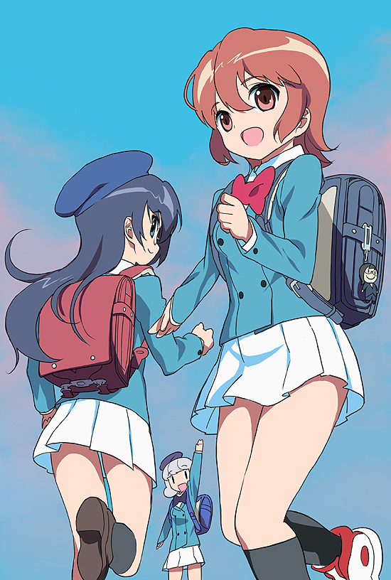 kawasaki kazuhiko, akashi kaoru, nogami aoi, sannomiya shiho, zettai karen children, bad id, bad pixiv id, 00s, backpack, bag, black hair, brown hair, hat, long hair, looking back, randoseru, school uniform, short hair, skirt, socks, waving